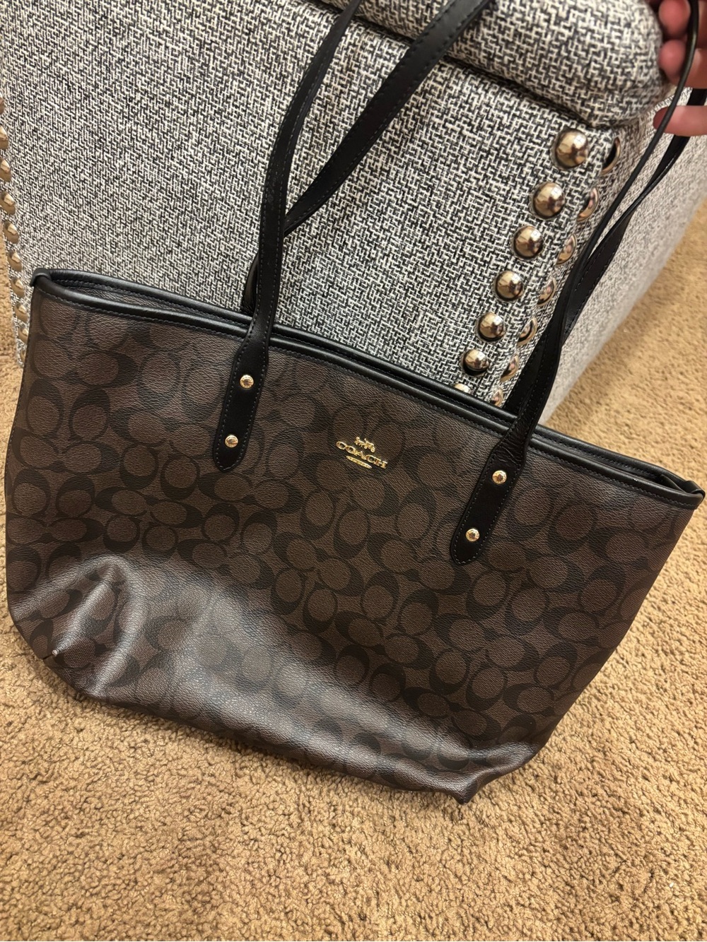 Coach Dark Brown Signature Canvas Tote with Black Trim